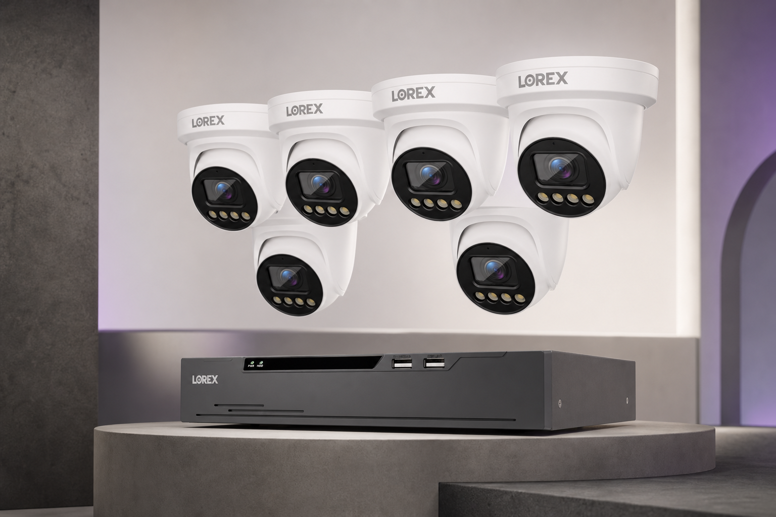 White Lorex Connect X3 six-camera package with XC 8-channel NVR in a ClearVero studio