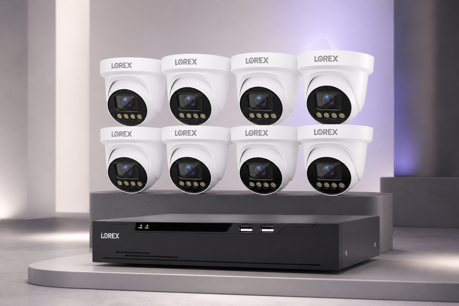 White Lorex Connect X3 eight-camera package with XC 8-channel NVR in a ClearVero studio