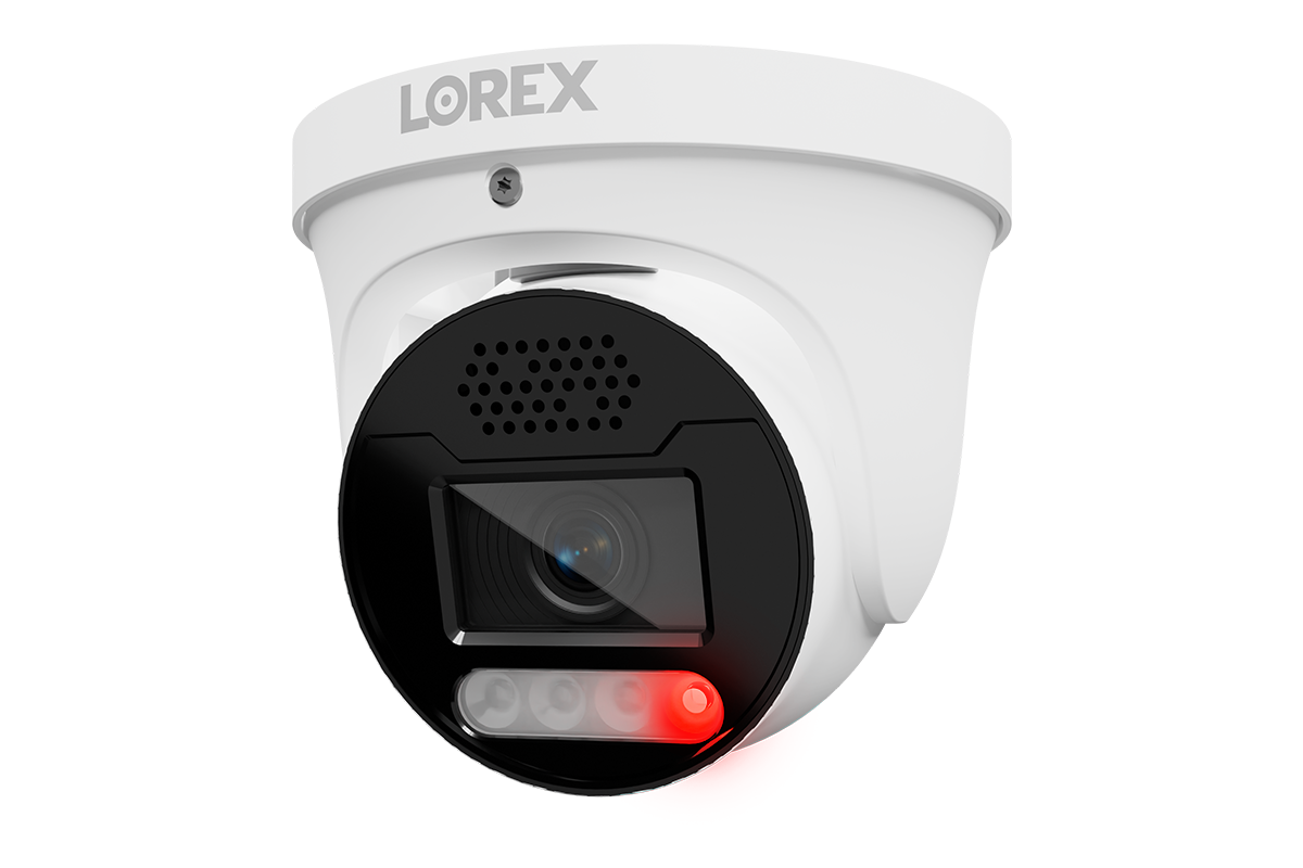 White Lorex X5 CNE01P-1TW-AB1 fixed-lens turret camera with speaker and deterrence lights