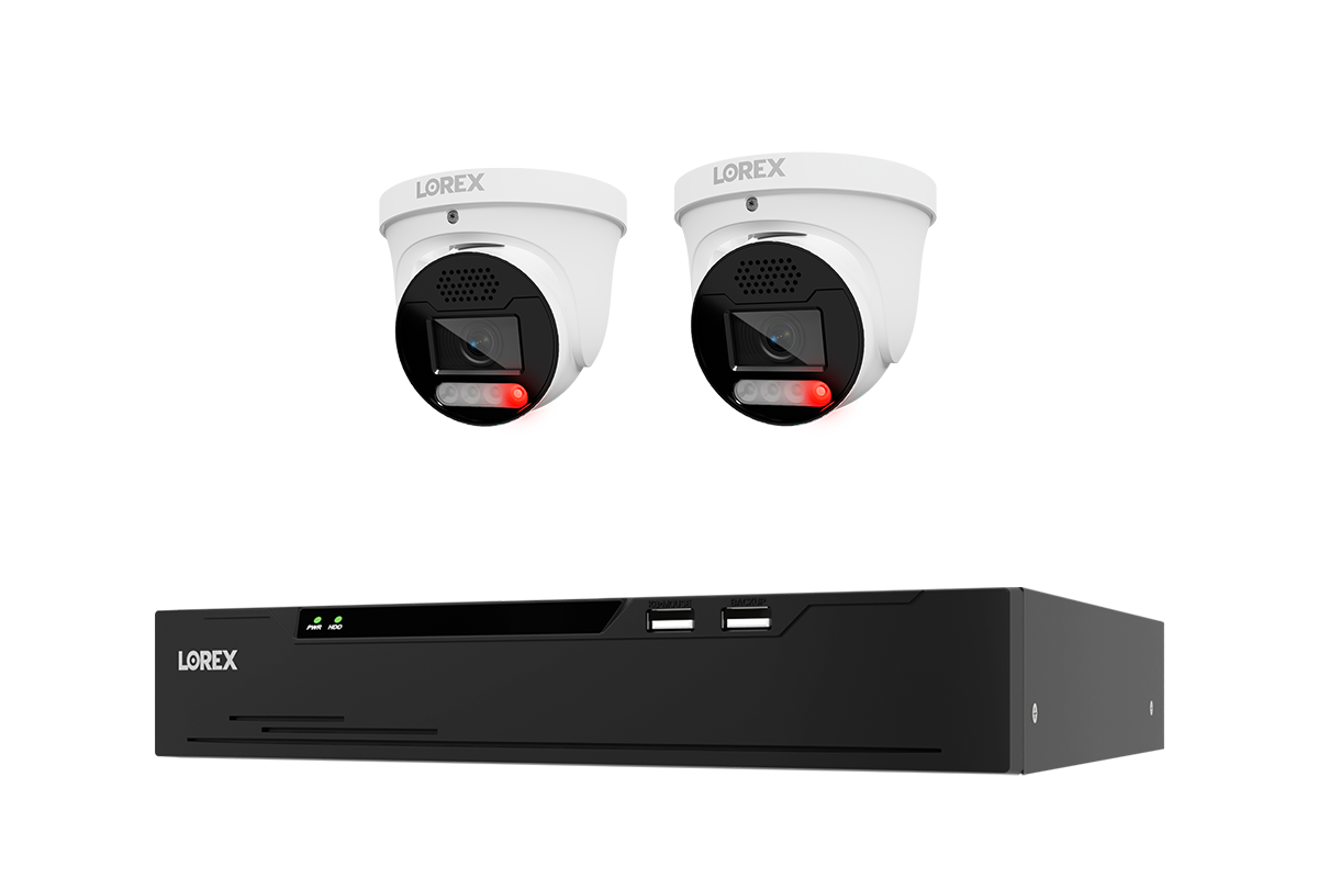 Lorex X5 system with two white turret cameras and one XC eight-channel NVR with 2TB installed