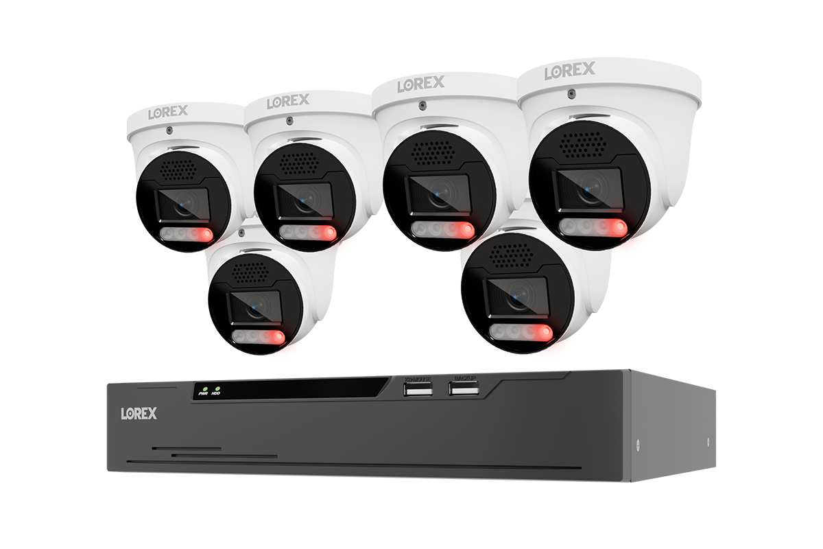 Lorex X5 system with six white turret cameras and one XC eight-channel NVR with 2TB installed