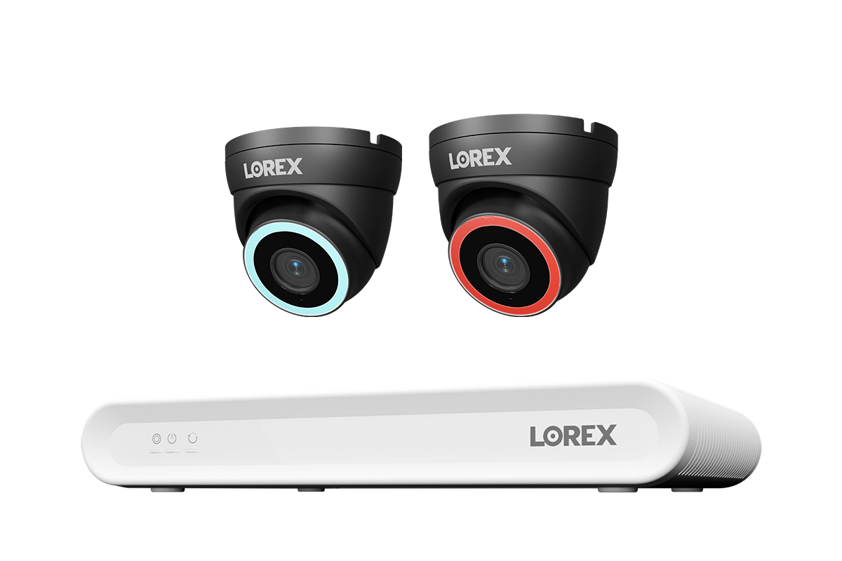 Lorex 2-camera black V5 PoE turret system with white 8-channel NVR and 1 TB storage