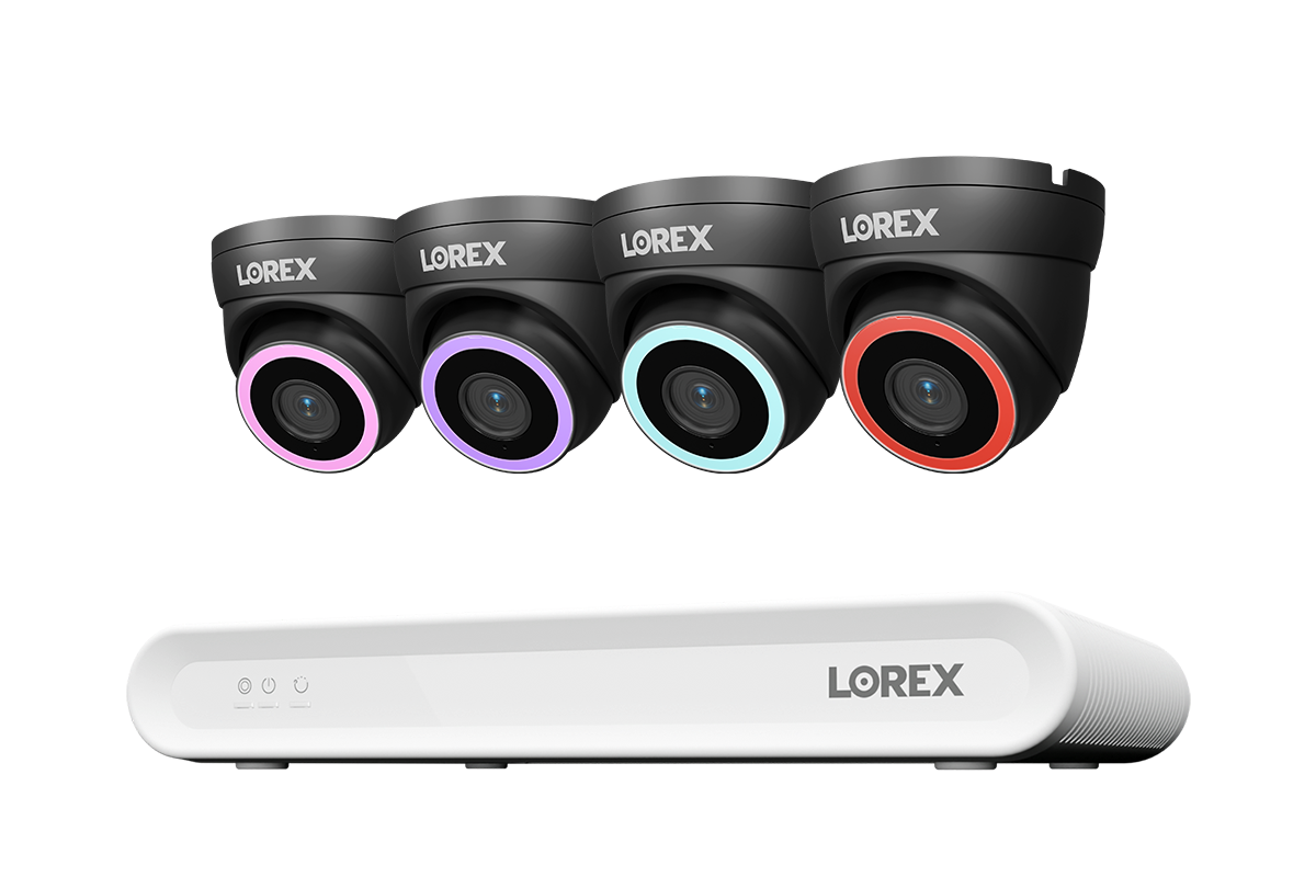 Lorex 4-camera black V5 PoE turret system with white 8-channel NVR and 1 TB storage