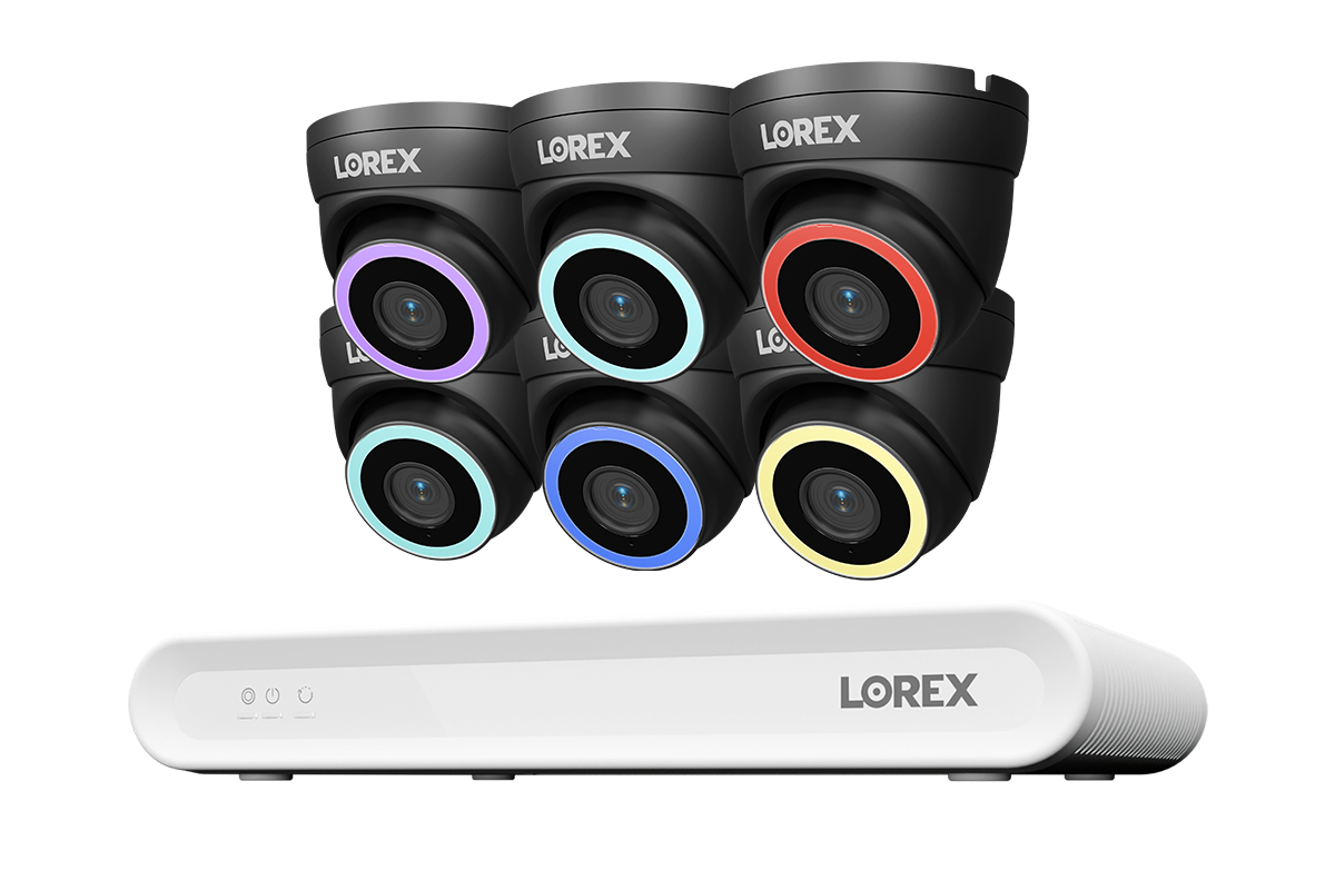 Lorex 6-camera black V5 PoE turret system with white 8-channel NVR and 1 TB storage