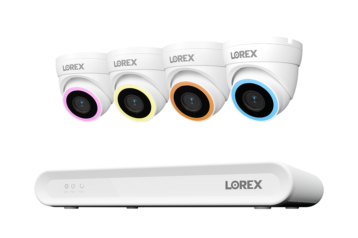 Lorex 4-camera white V5 PoE turret system with white 8-channel NVR and 1 TB storage