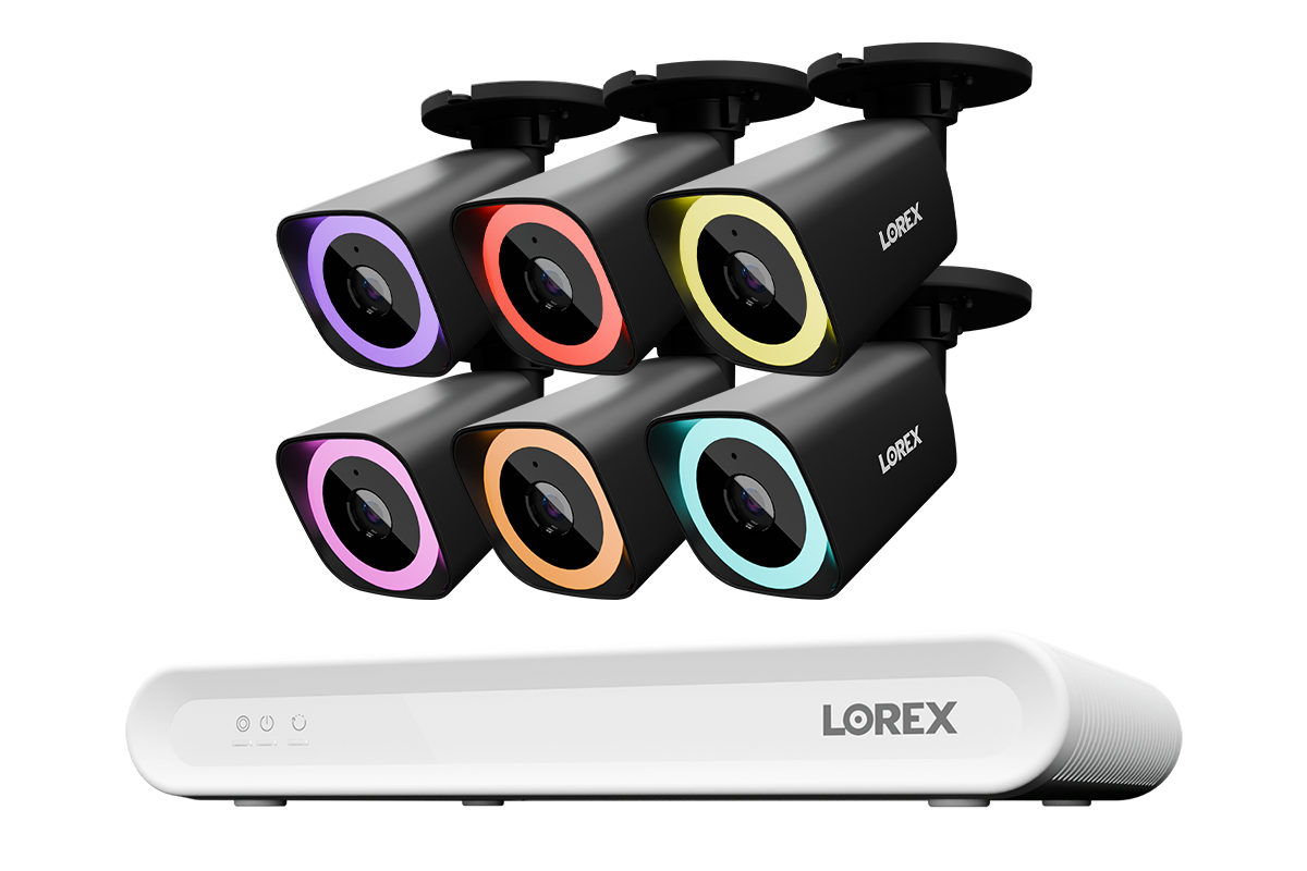 Lorex 6-camera black V5 PoE bullet system with white 8-channel NVR and 1 TB storage