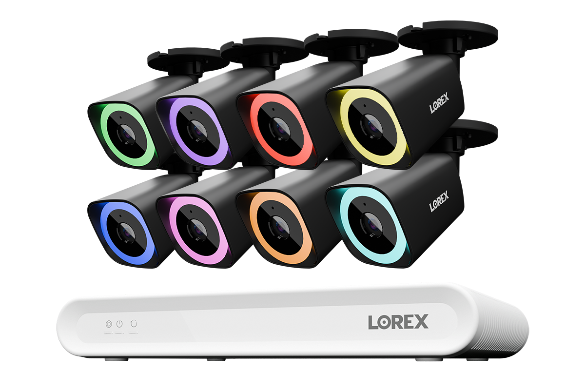 Lorex 8-camera black V5 PoE bullet system with white 8-channel NVR and 1 TB storage