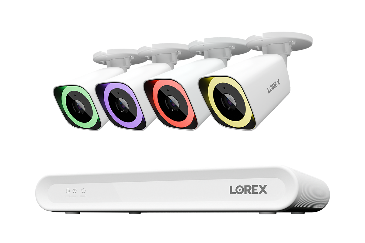 Lorex 4-camera white V5 PoE bullet system with white 8-channel NVR and 1 TB storage