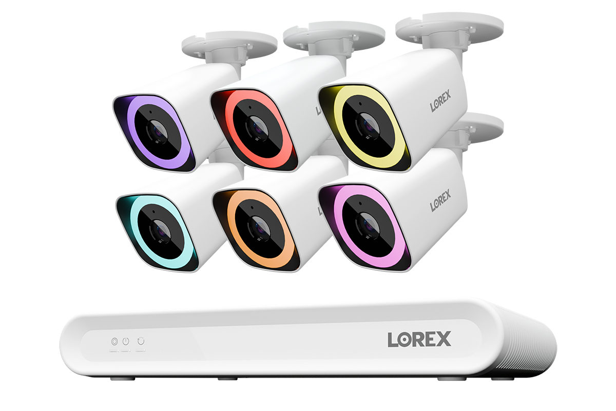 Lorex 6-camera white V5 PoE bullet system with white 8-channel NVR and 1 TB storage