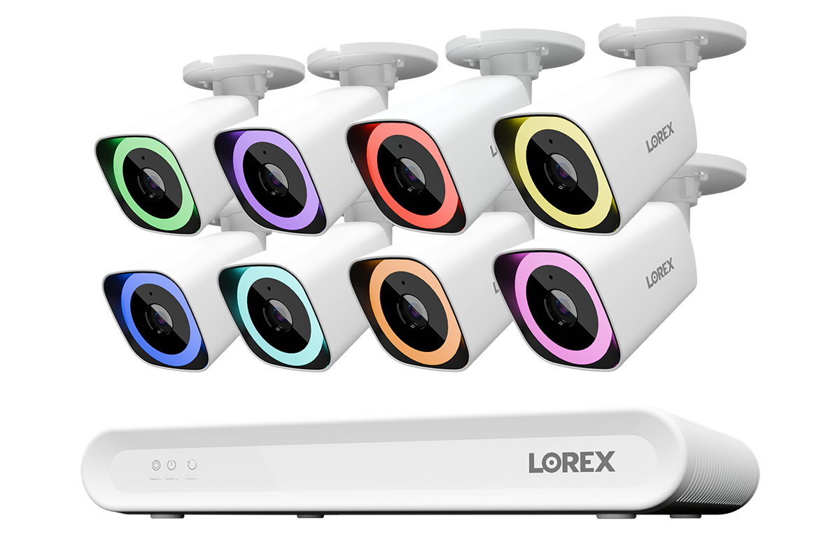 Lorex 8-camera white V5 PoE bullet system with white 8-channel NVR and 1 TB storage