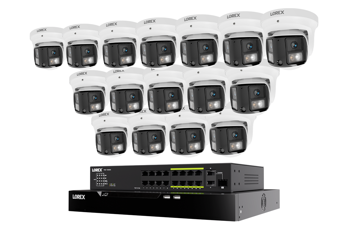 Lorex 16-camera white X3 dual-lens turret system with 32-channel NVR and 8 TB storage and PoE switch