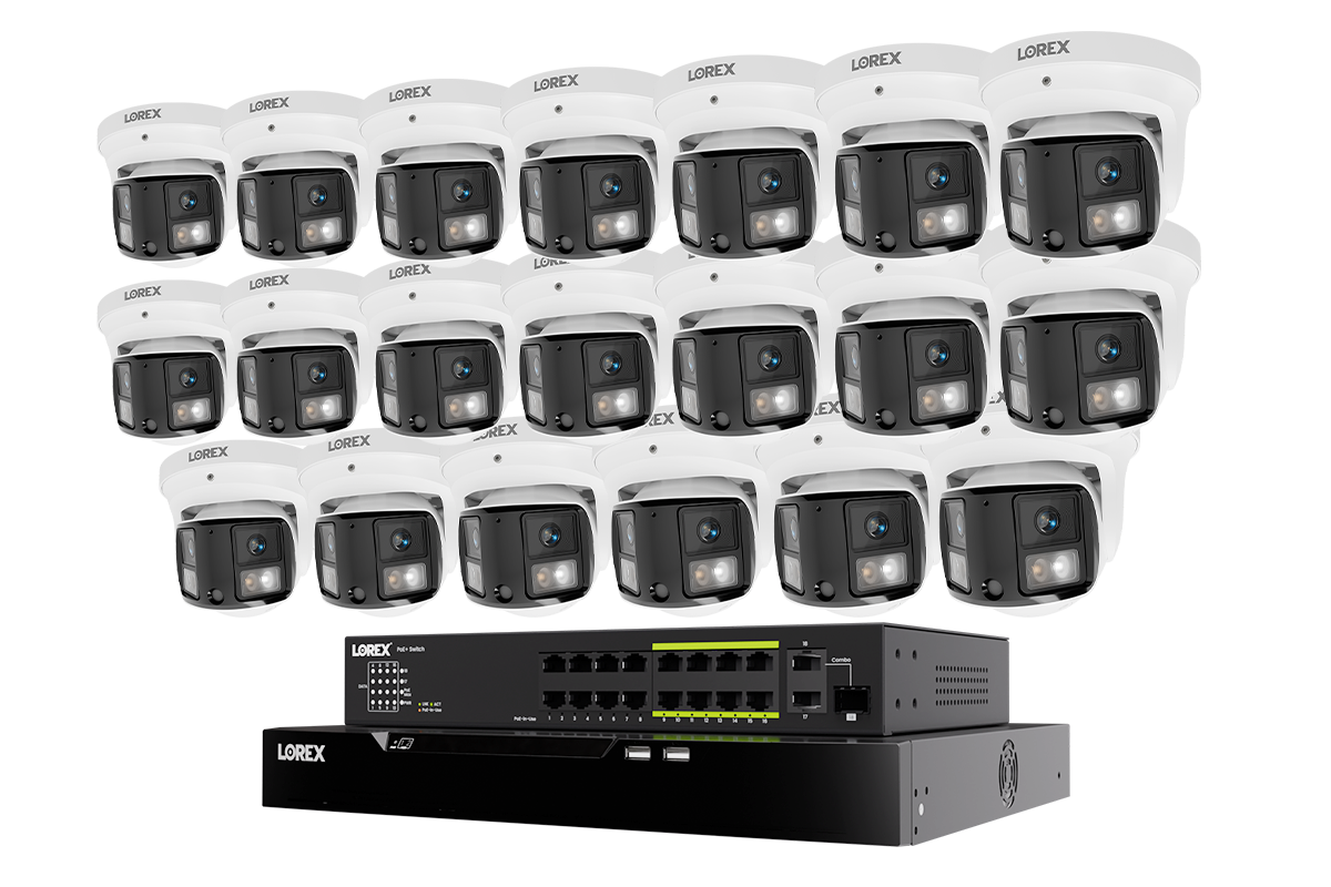 Lorex 20-camera white X3 dual-lens turret system with 32-channel NVR and 8 TB storage and PoE switch