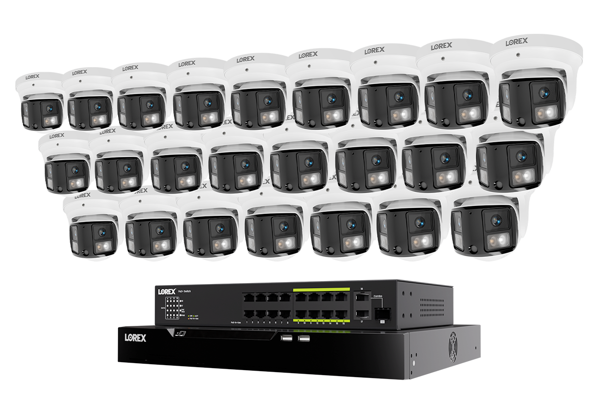 Lorex 24-camera white X3 dual-lens turret system with 32-channel NVR and 8 TB storage and PoE switch
