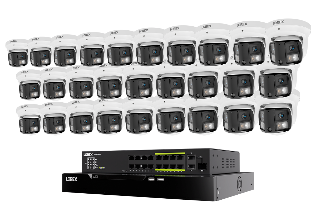 Lorex 28-camera white X3 dual-lens turret system with 32-channel NVR and 8 TB storage and PoE switch