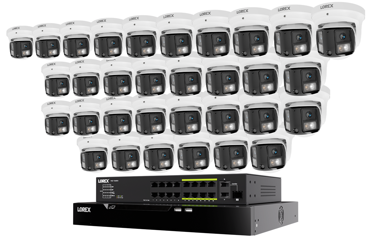 Lorex 32-camera white X3 dual-lens turret system with 32-channel NVR and 8 TB storage and PoE switch