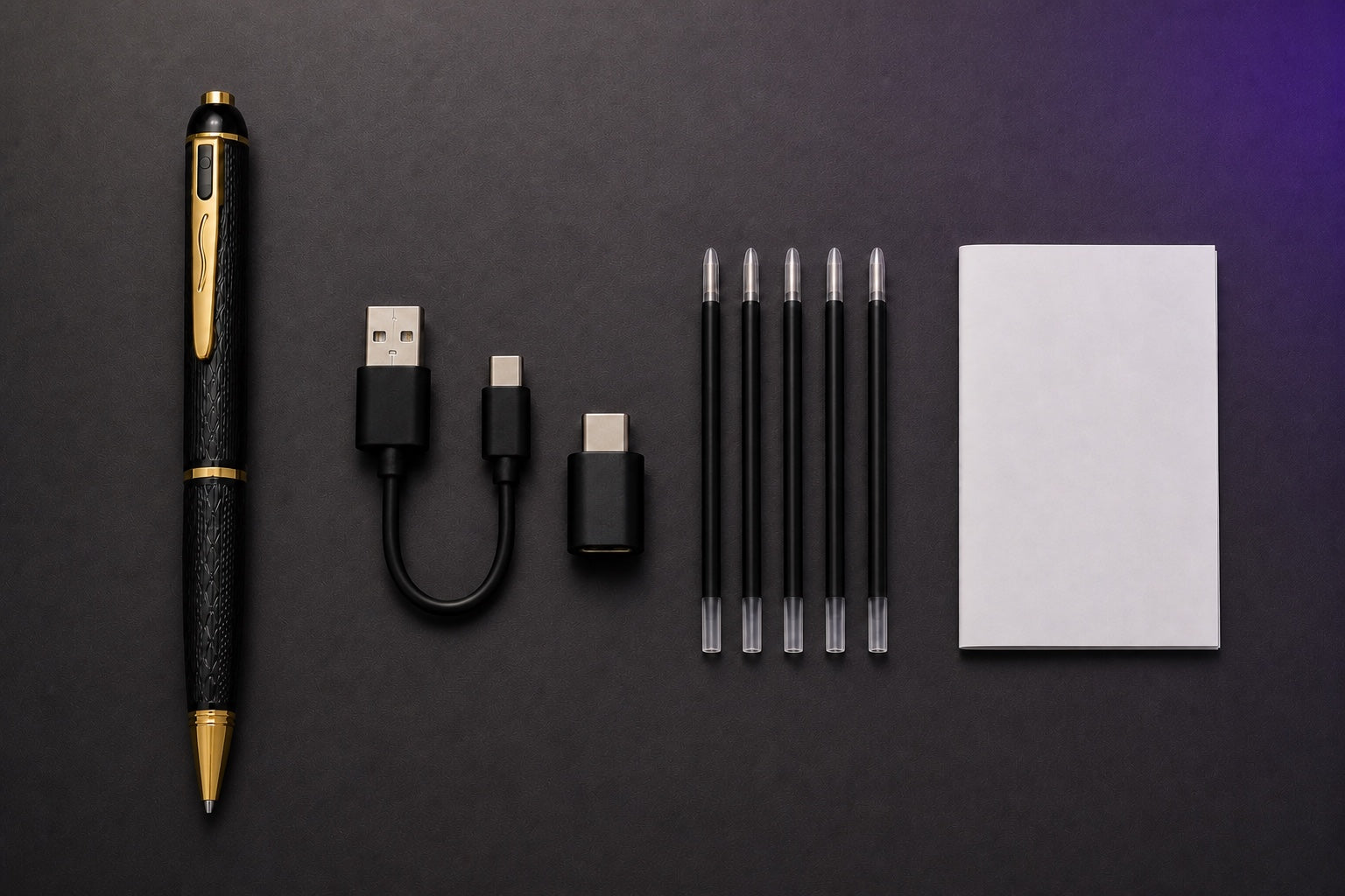 ClearVero Pen Camera with USB-C cable, OTG adapter, five replacement ink refills, and user manual
