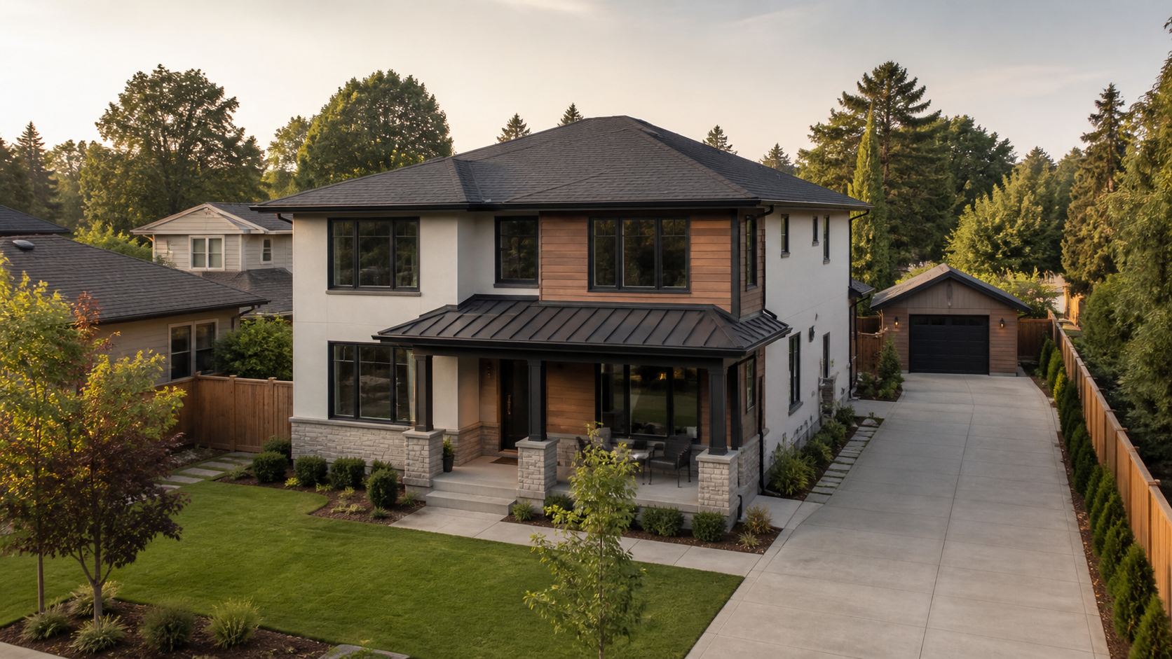 Contemporary home with entrance, driveway, side access, and detached garage