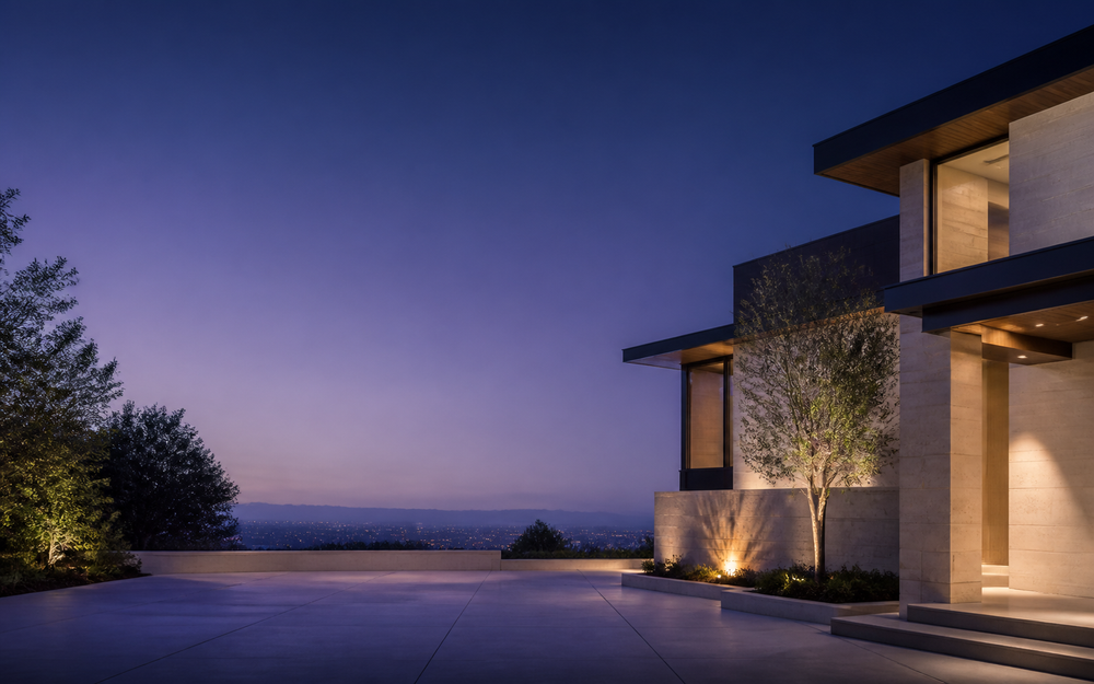 Modern residence at blue hour used as a neutral background behind the exact eufyCam S4 four-pack