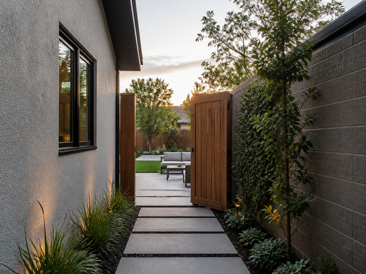 Residential side passage leading to a rear patio