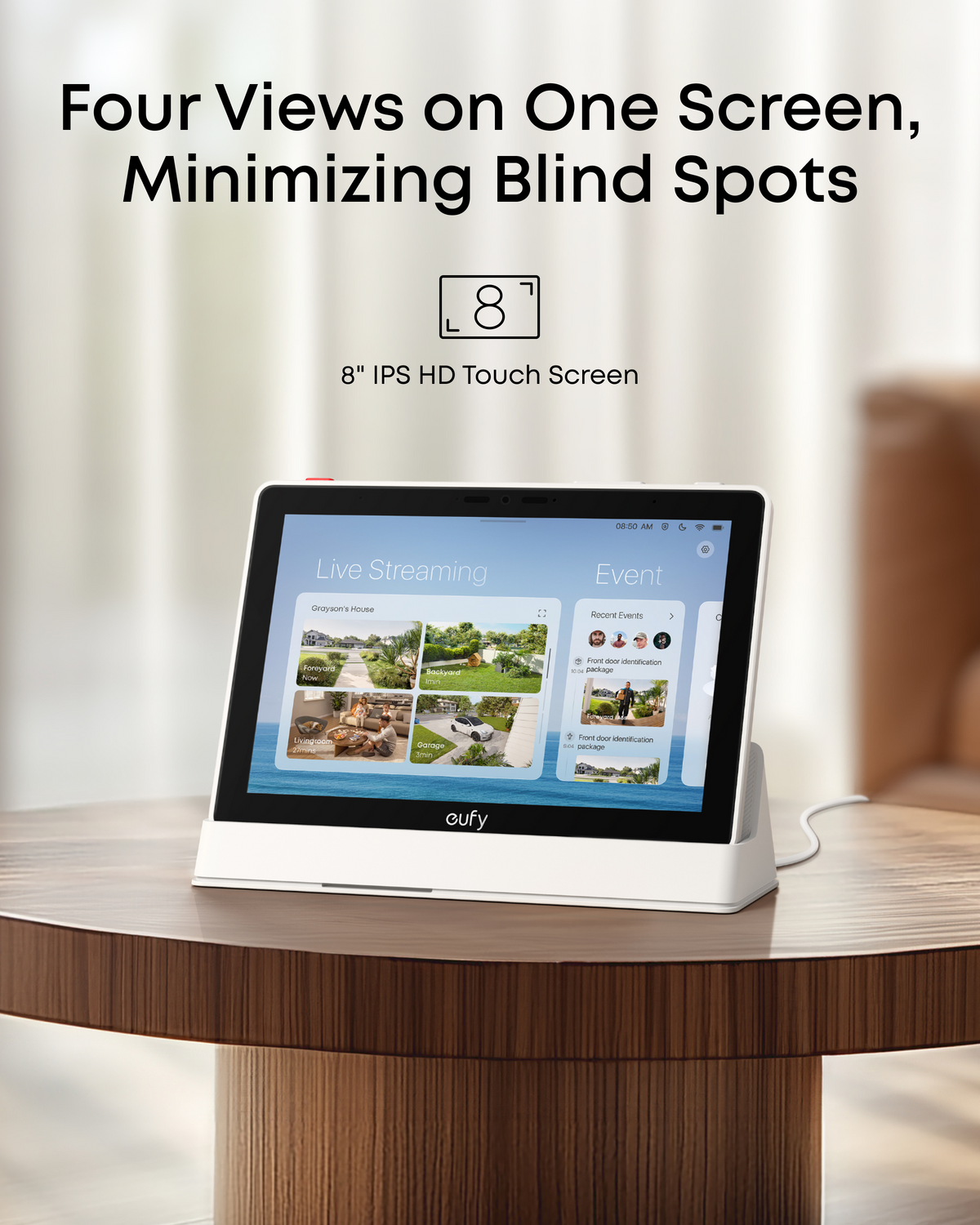 Smart Display E10 showing four compatible eufy camera feeds