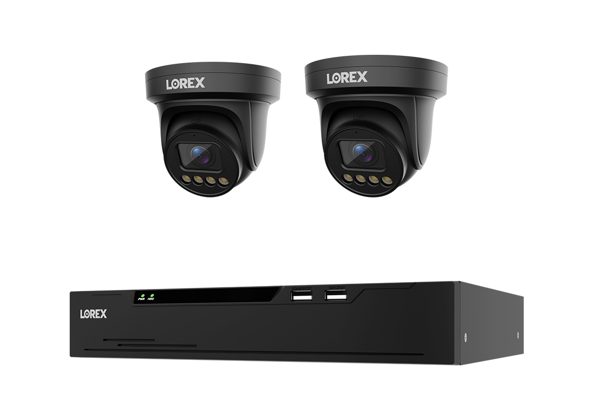 Lorex Connect system with two black X3 turret cameras and one 8-channel NVR with installed 2 TB drive