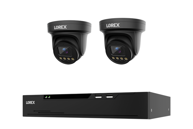 Lorex Connect system with two black X3 turret cameras and one 8-channel NVR with installed 2 TB drive