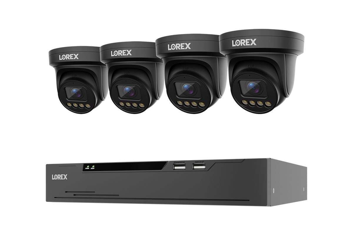 Lorex Connect system with 4 black X3 turret cameras and one 8-channel NVR with installed 2 TB drive