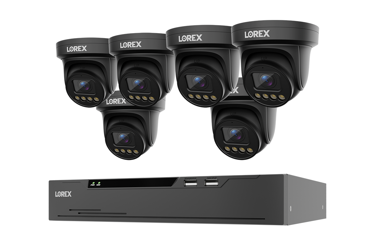 Lorex Connect system with 6 black X3 turret cameras and one 8-channel NVR with installed 2 TB drive