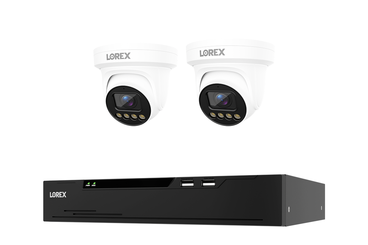 Lorex Connect system with 2 white X3 turret cameras and one 8-channel NVR with installed 2 TB drive