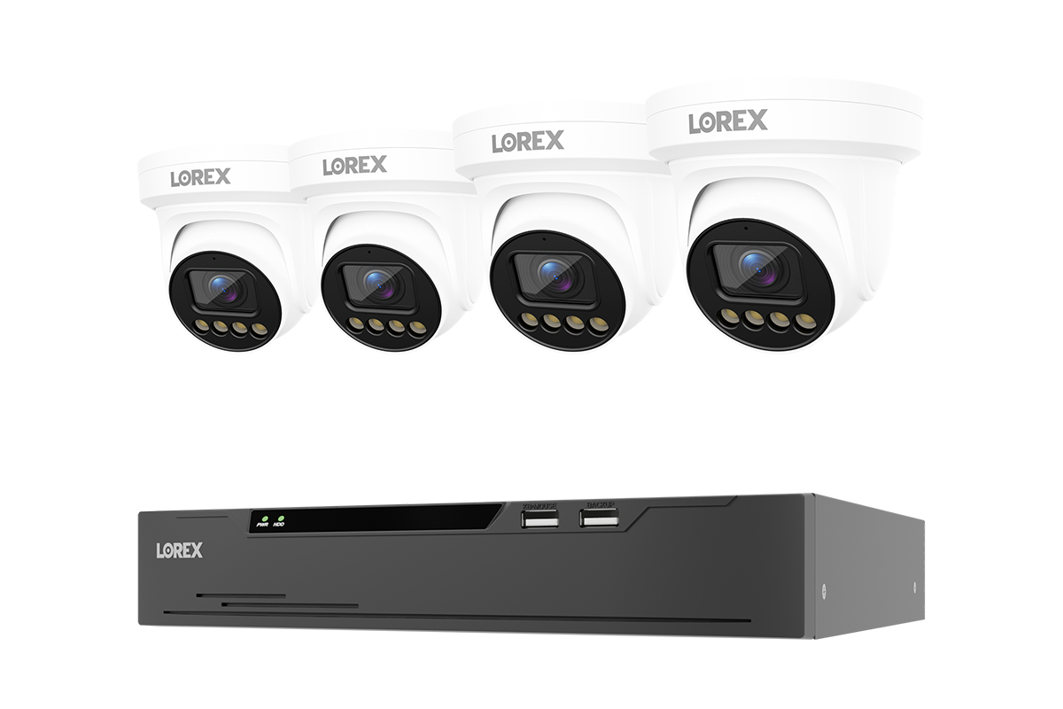 Lorex Connect system with 4 white X3 turret cameras and one 8-channel NVR with installed 2 TB drive