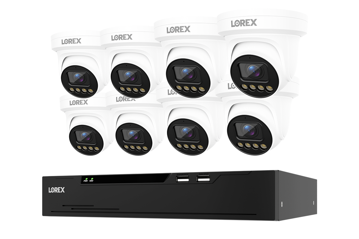 Lorex Connect system with 8 white X3 turret cameras and one 8-channel NVR with installed 2 TB drive