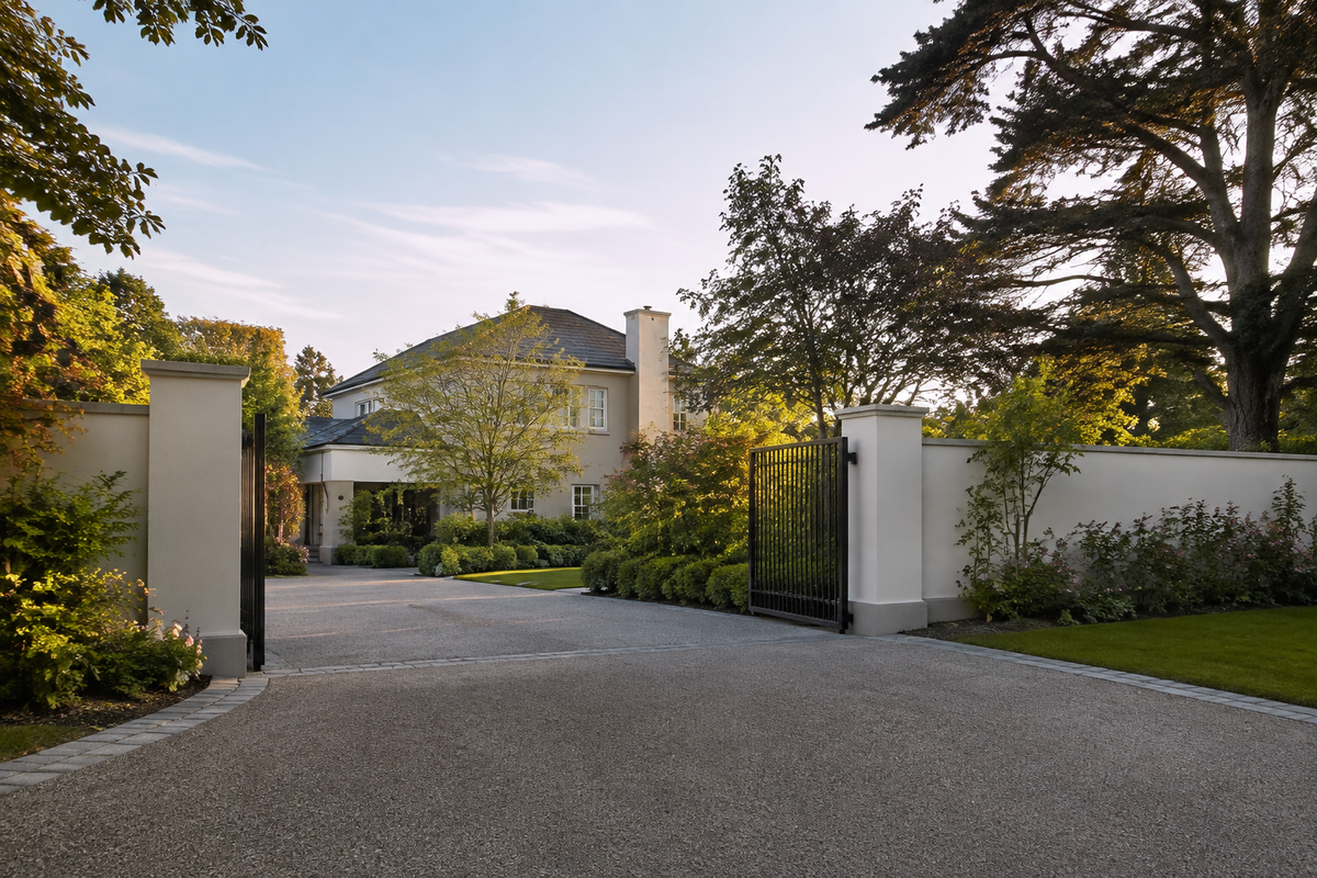 Illustrative gated home entrance with a driveway and planted boundary for camera-position planning