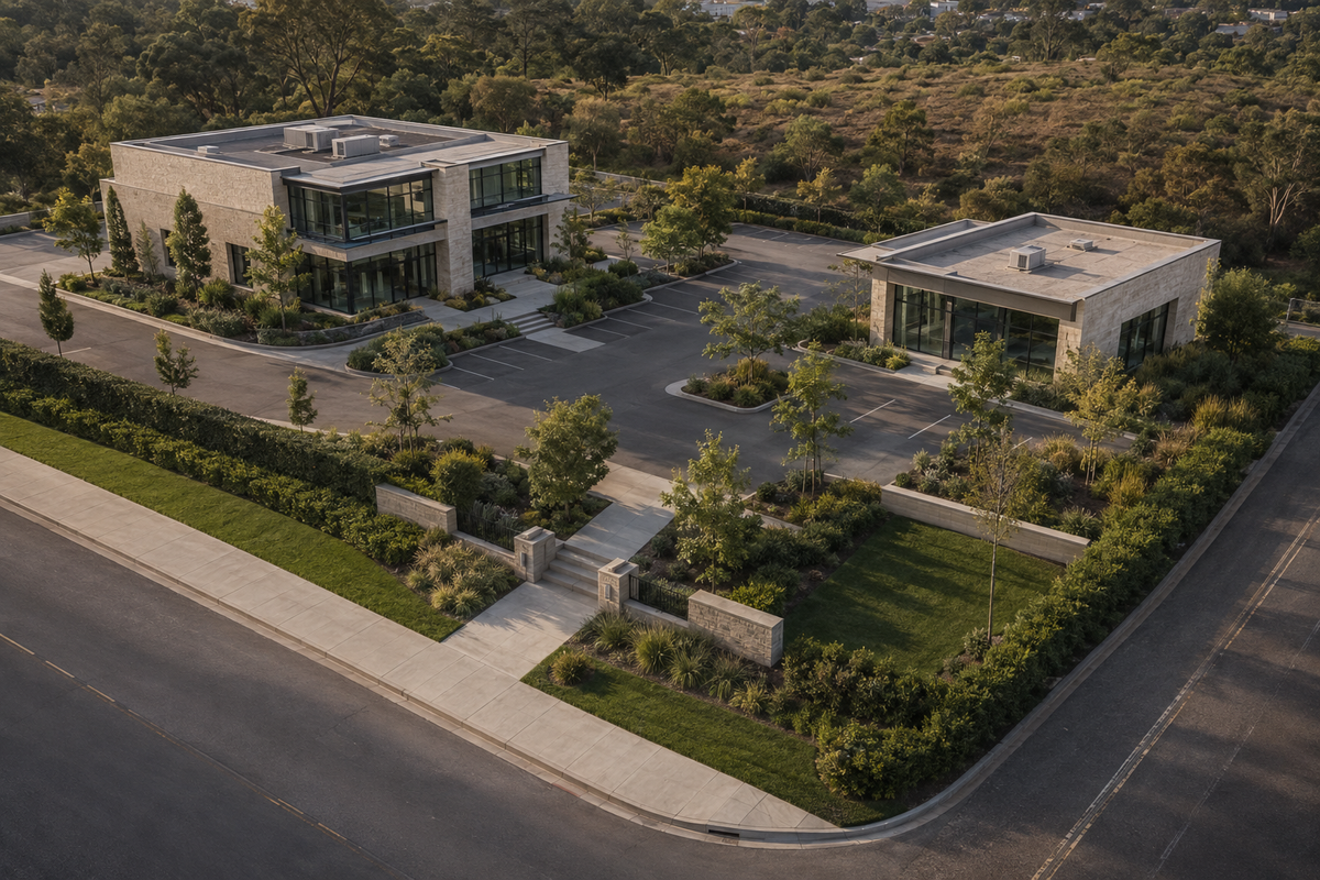 Illustrative two-building commercial property with parking, pedestrian entrances and landscaped perimeter