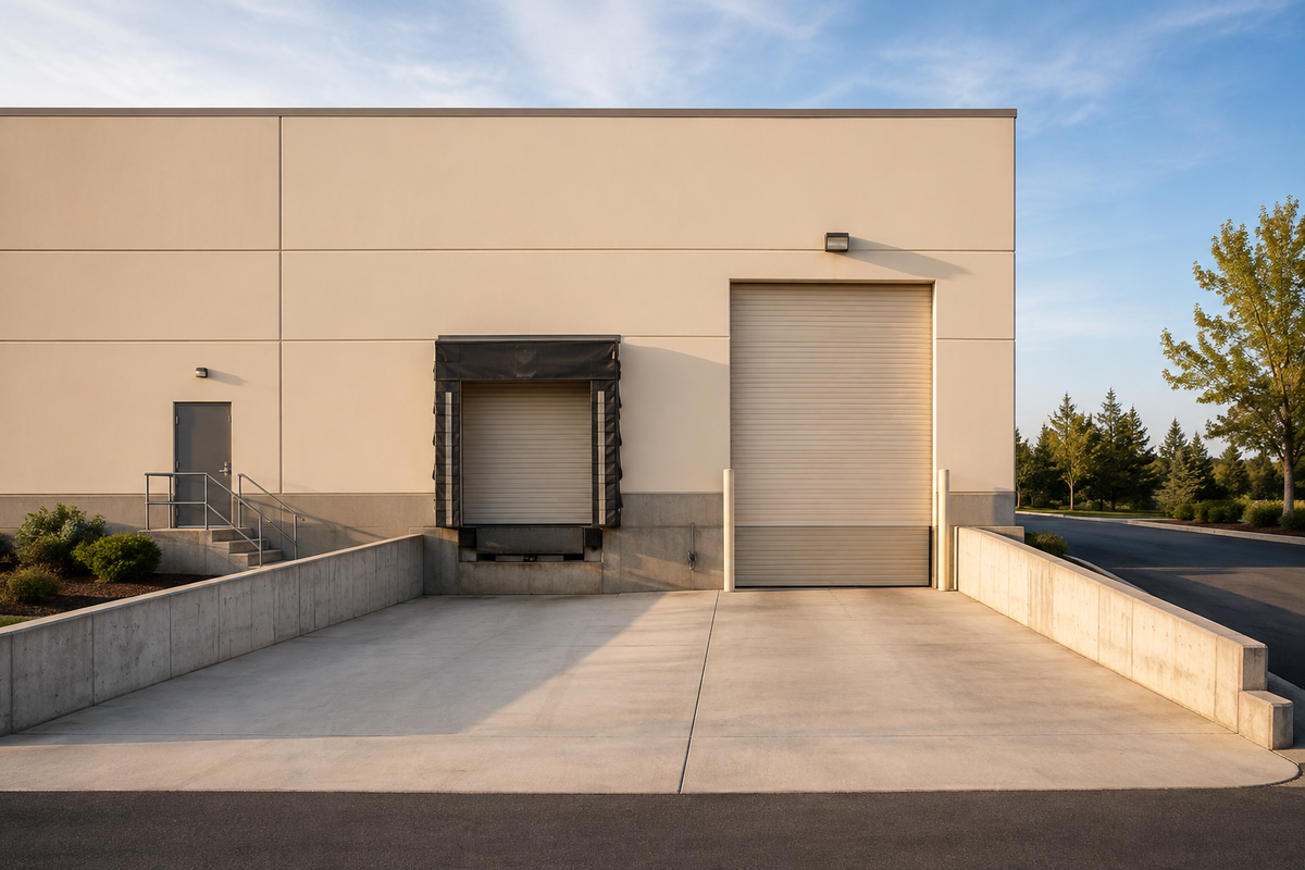 Illustrative warehouse loading bay with a distinct pedestrian entrance and vehicle approach