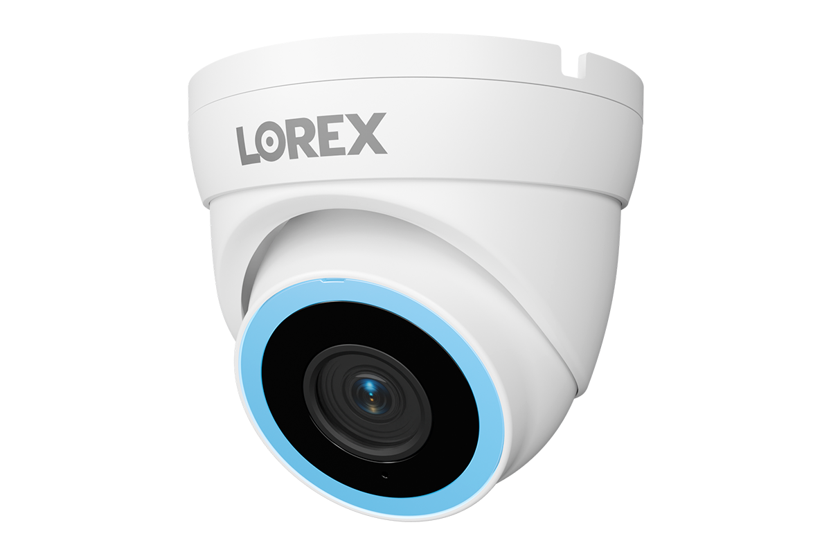 White Lorex V5 turret camera showing its lens, housing and security-light ring.