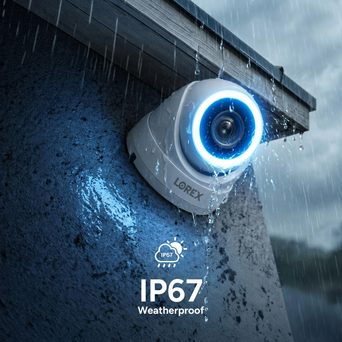 White V5 turret camera mounted outside in rain, with an IP67 weatherproof annotation.