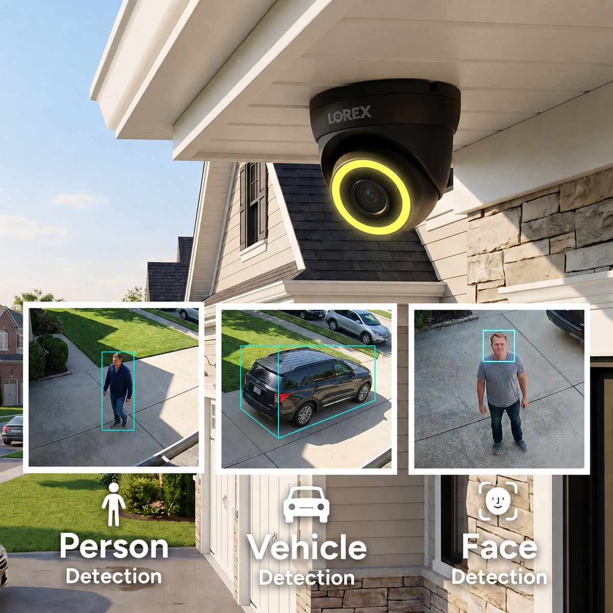 Black V5 turret camera above a driveway, with illustrative person, vehicle and face detection panels.