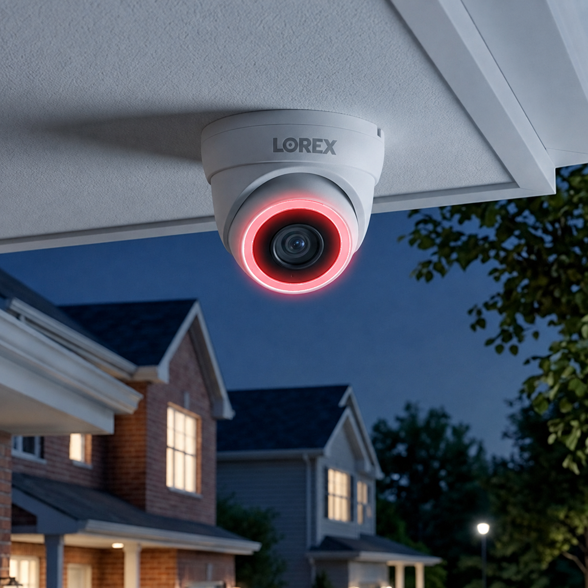White V5 turret camera mounted beneath a house eave at night with red security lighting.
