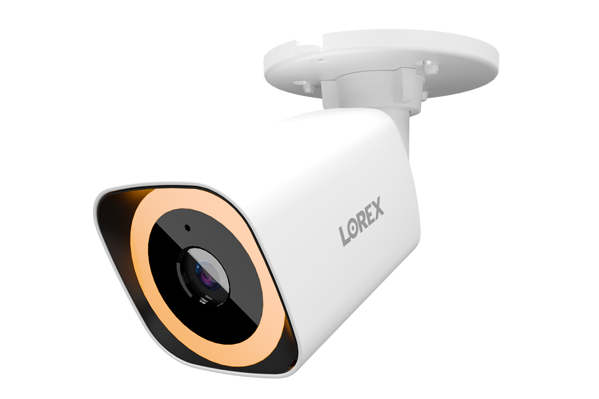 White Lorex V5 bullet camera showing its lens, housing and security-light ring.