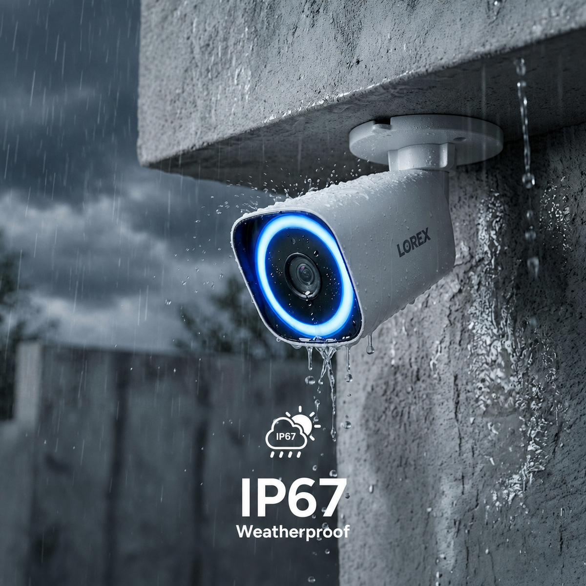 White V5 bullet camera mounted outside in rain, with an IP67 weatherproof annotation.