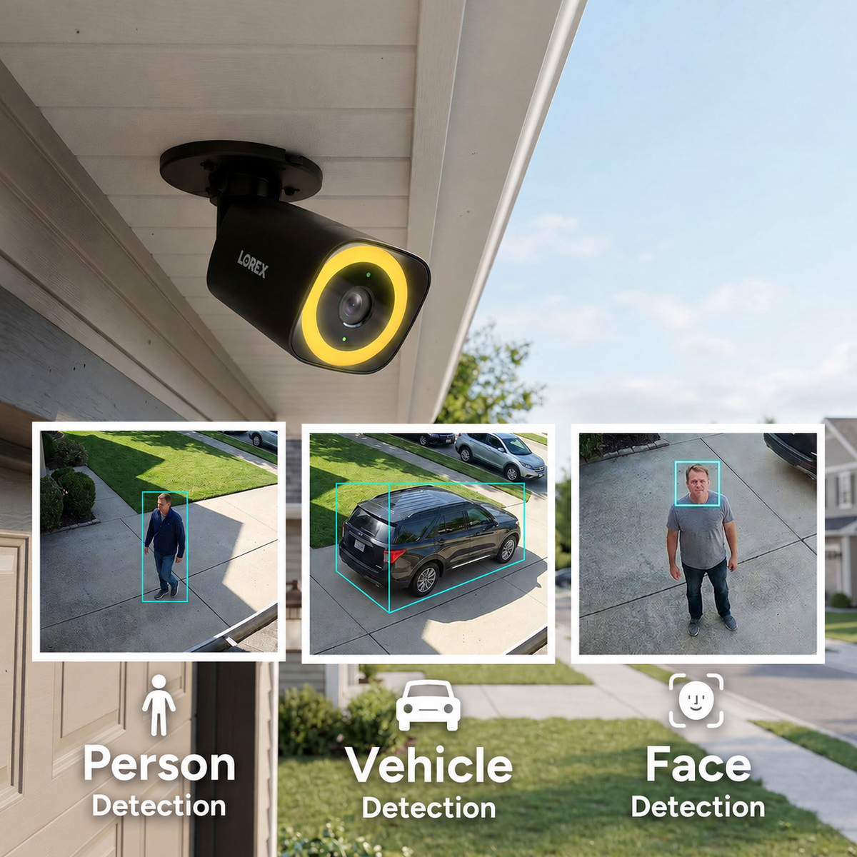 Black V5 bullet camera above a driveway, with illustrative person, vehicle and face detection panels.