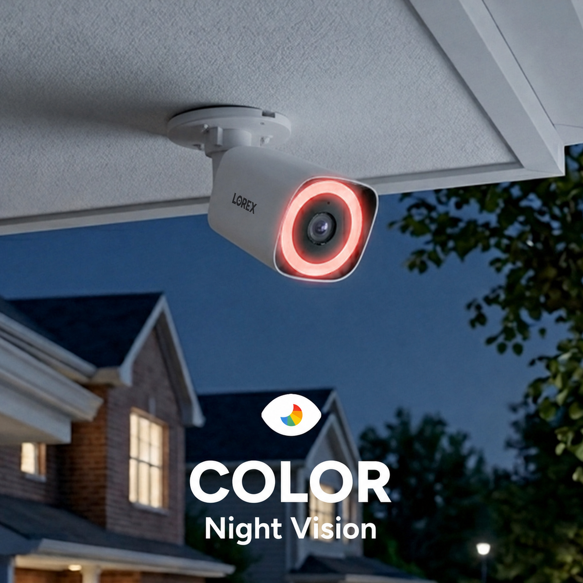 White V5 bullet camera mounted beneath a house eave at night with red lighting and a color night vision annotation.