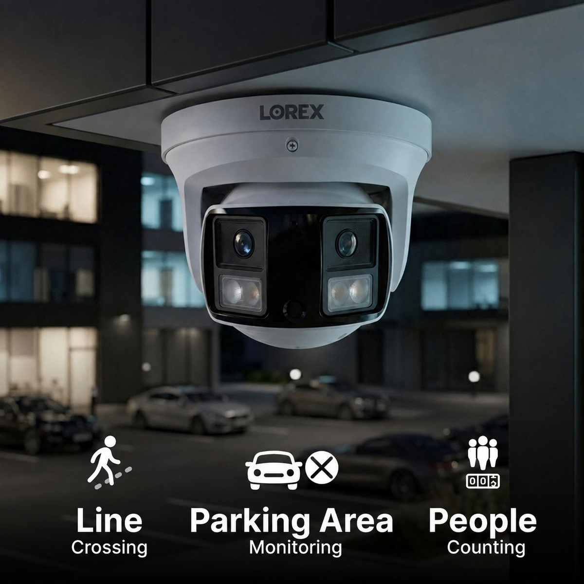 Parking-area planning illustration with line-crossing, parking-monitoring and people-counting capabilities.
