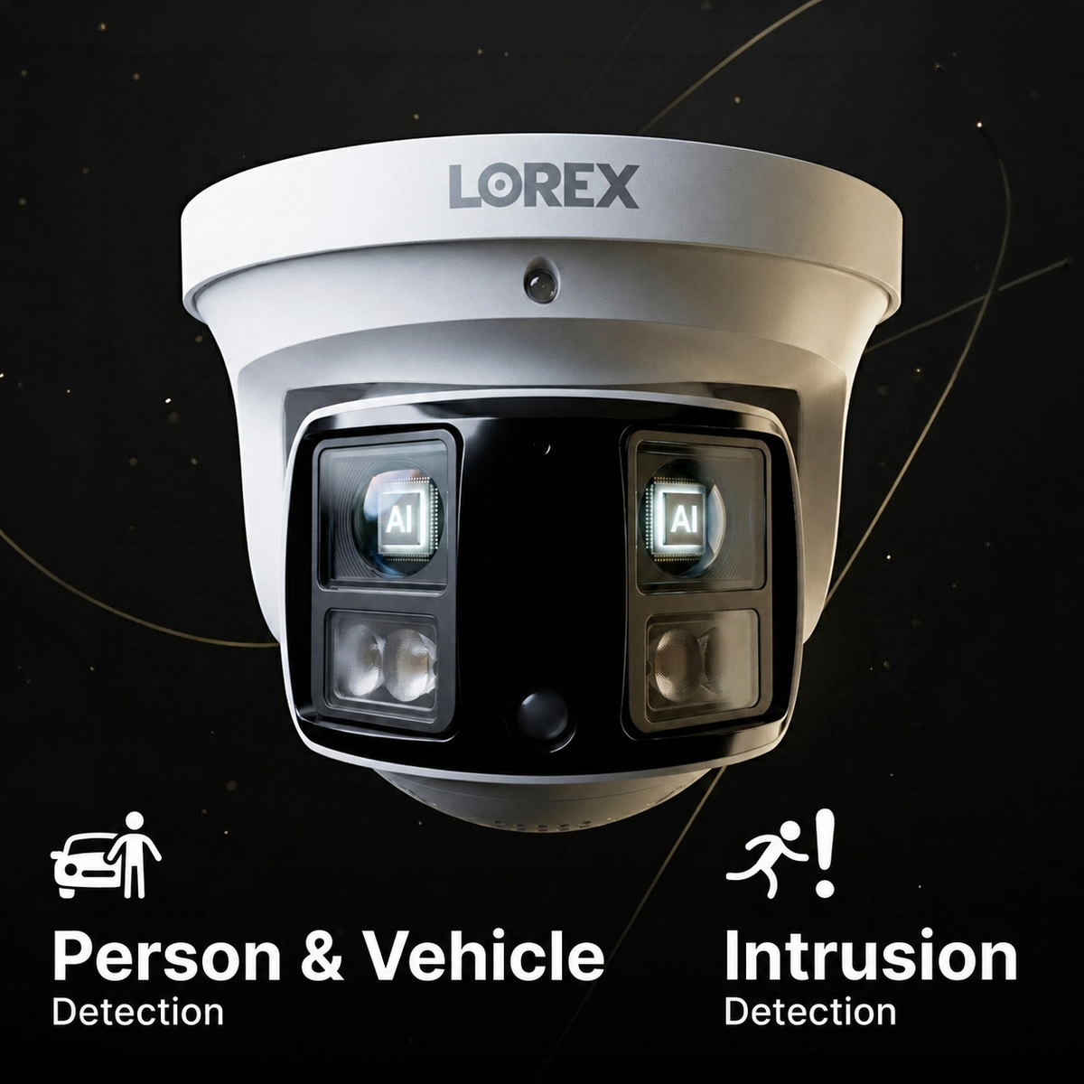 X3 camera feature illustration showing person, vehicle and intrusion detection; AI symbols are illustrative.