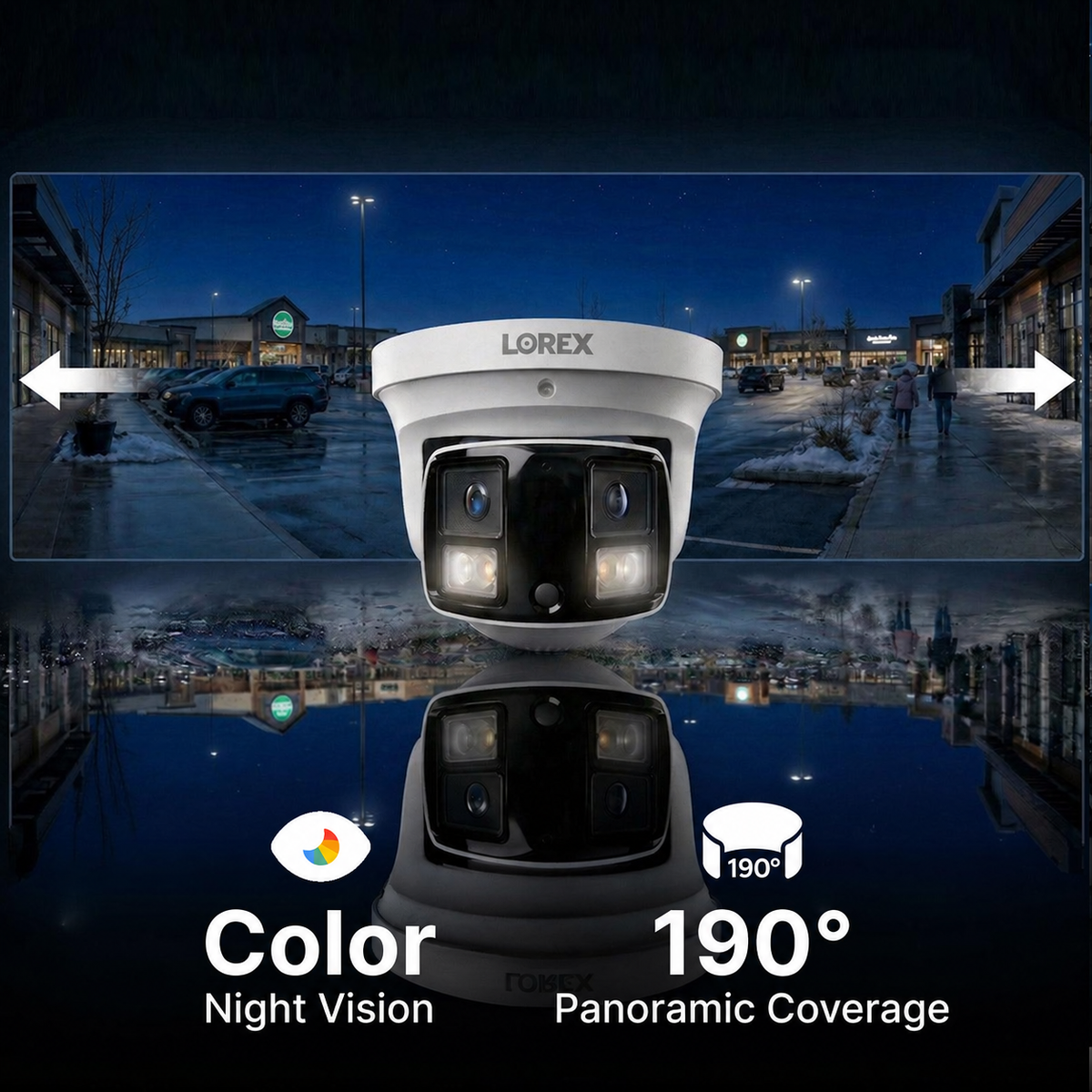Entrance planning illustration: panoramic view and color night vision; ambient light is required for color.