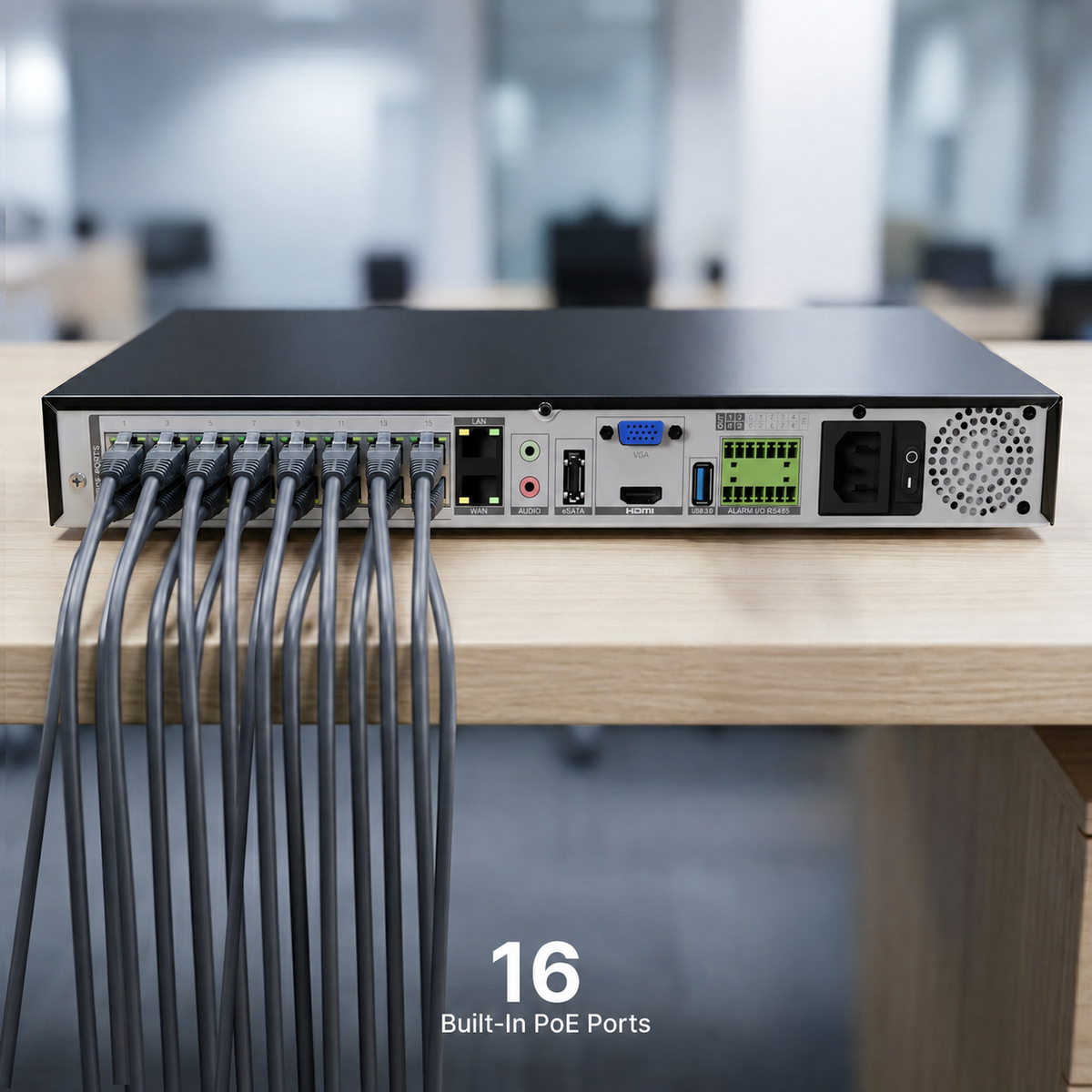 XC recorder rear-panel connection illustration; 16 onboard PoE ports, camera cables sold separately.