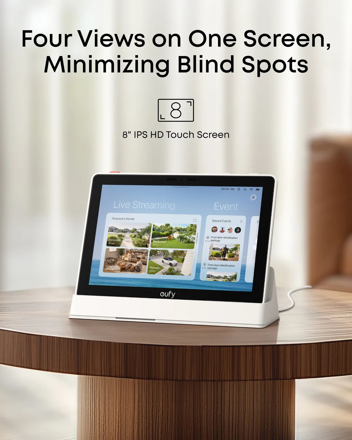 Official eufy visual of Smart Display E10 showing four compatible live-view tiles on its 8-inch screen