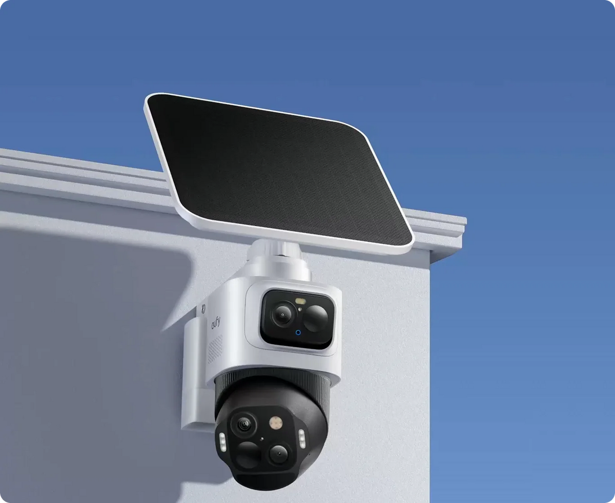 Official eufy visual of eufyCam S4 mounted outdoors with its detachable solar panel