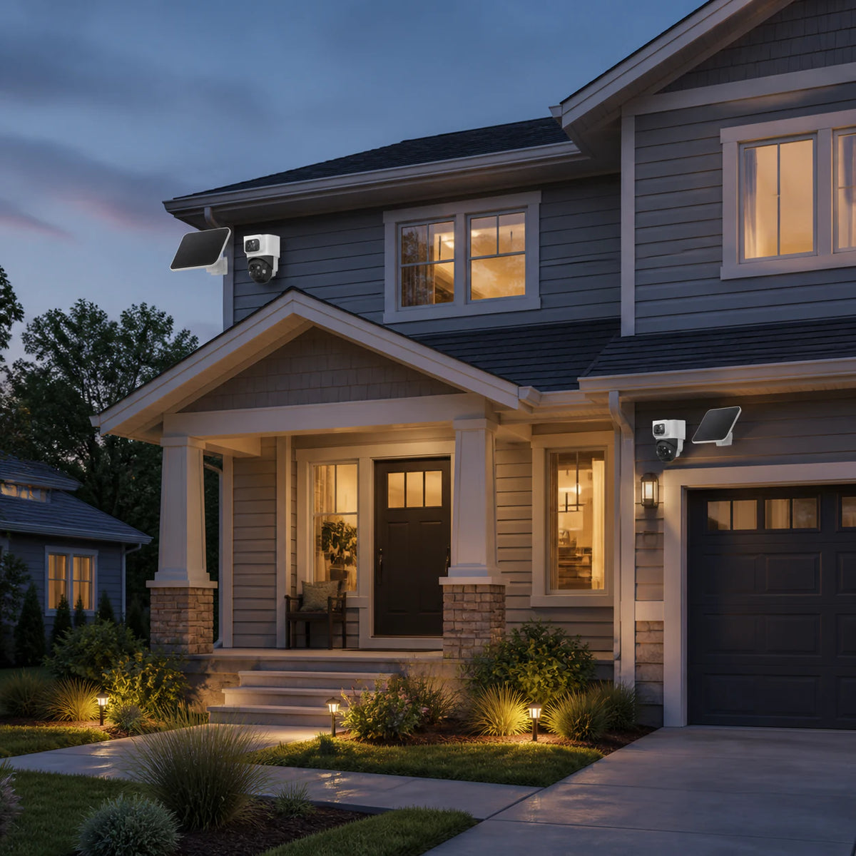 Two EufyCam S4 cameras and solar panels protecting separate approaches of a home at dusk