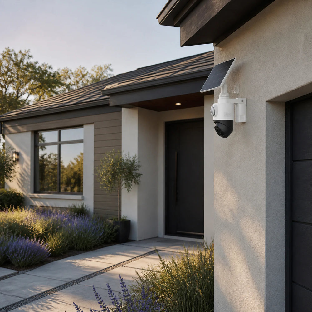 eufyCam S4 mounted at a modern front entrance and driveway approach